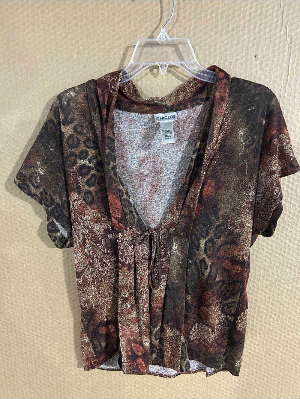 Chico's Brown and Tan Mixed Animal-Print Tie-Front V-Neck Blouse